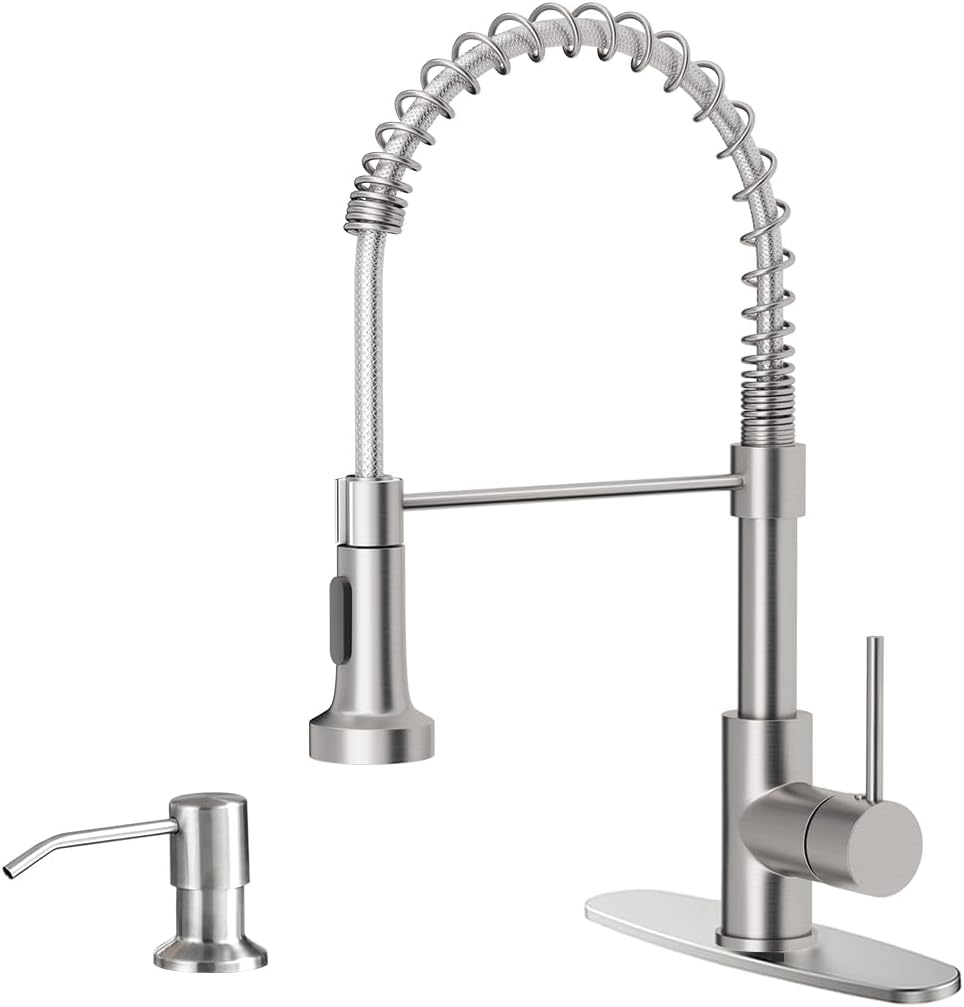 OWOFAN Kitchen Faucet with Pull Down Sprayer Brushed Nickel Stainless Steel 1 Handle Pull Out Spring Sink Faucets 1 Hole Or 3 Hole Dual Function for Farmhouse Camper Laundry Utility Rv Wet Bar