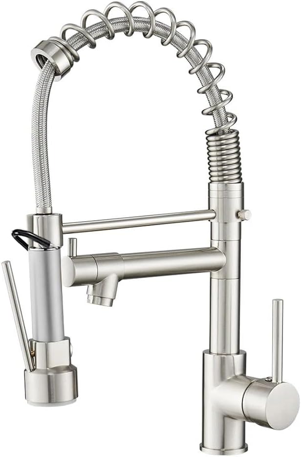 OWOFAN Kitchen Faucet with Pull Down Sprayer Brushed Nickel Stainless Steel 1 Handle Pull Out Spring Sink Faucets 1 Hole Or 3 Hole Dual Function for Farmhouse Camper Laundry Utility Rv Wet Bar