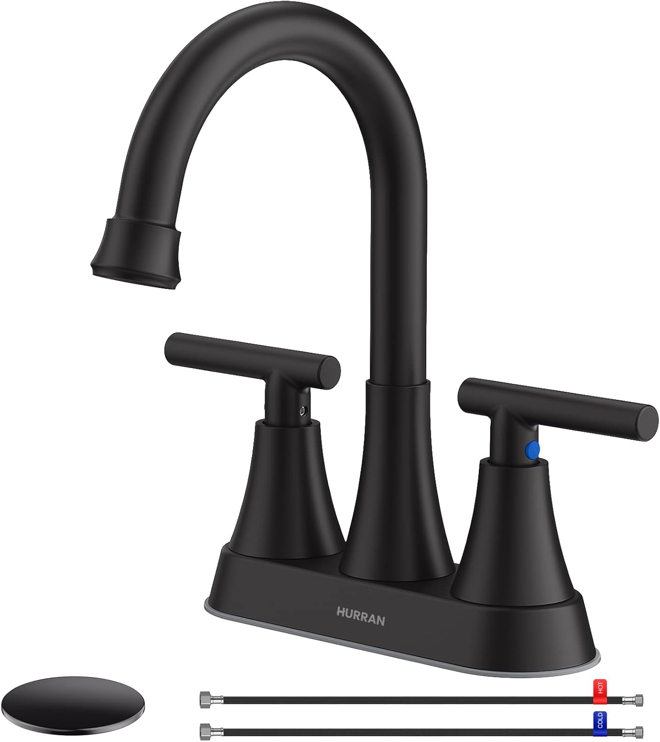 Bathroom Faucets for Sink 3 Hole, Hurran 4 inch Matte Black Bathroom Sink Faucet with Pop-up Drain and 2 Supply Hoses, Stainless Steel Lead-Free Centerset Faucet for Vanity RV, 2 Pack