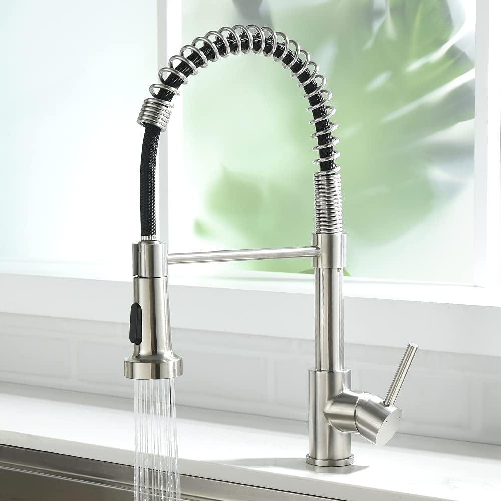OWOFAN Kitchen Faucet with Pull Down Sprayer Brushed Nickel Stainless Steel 1 Handle Pull Out Spring Sink Faucets 1 Hole Or 3 Hole Dual Function for Farmhouse Camper Laundry Utility Rv Wet Bar