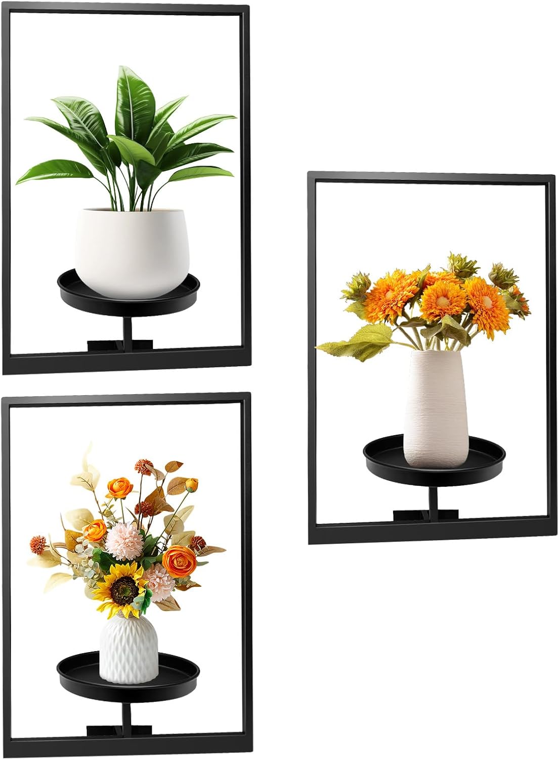 DFLU Picture Frame Plant Holder Indoor, Black Wall Plants Hanger Outdoor,Metal Window Potted Stand Shelves, Wall-Mounted Hanging Planters Art Rack for Living Room Balcony Patio Garden(3Pcs)
