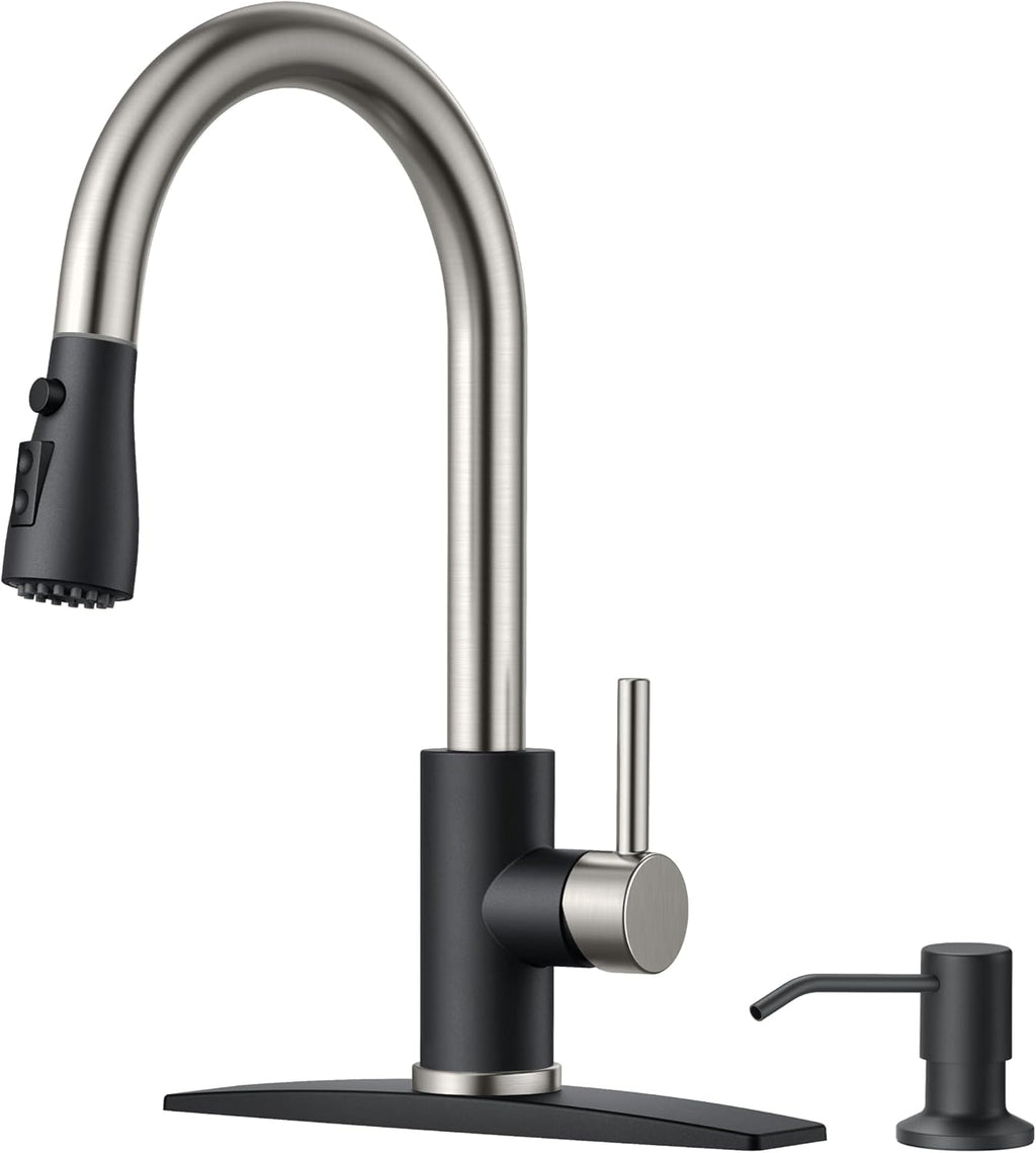 FORIOUS Black Kitchen Faucet with Soap Dispenser and Pull Down Sprayer, Bar High Arc Single Handle Classic 3 Modes Stainless Steel Faucet for Kitchen Sink Farmhouse RV Laundry Camper