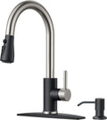 FORIOUS Black Kitchen Faucet with Soap Dispenser and Pull Down Sprayer, Bar High Arc Single Handle Classic 3 Modes Stainless Steel Faucet for Kitchen Sink Farmhouse RV Laundry Camper