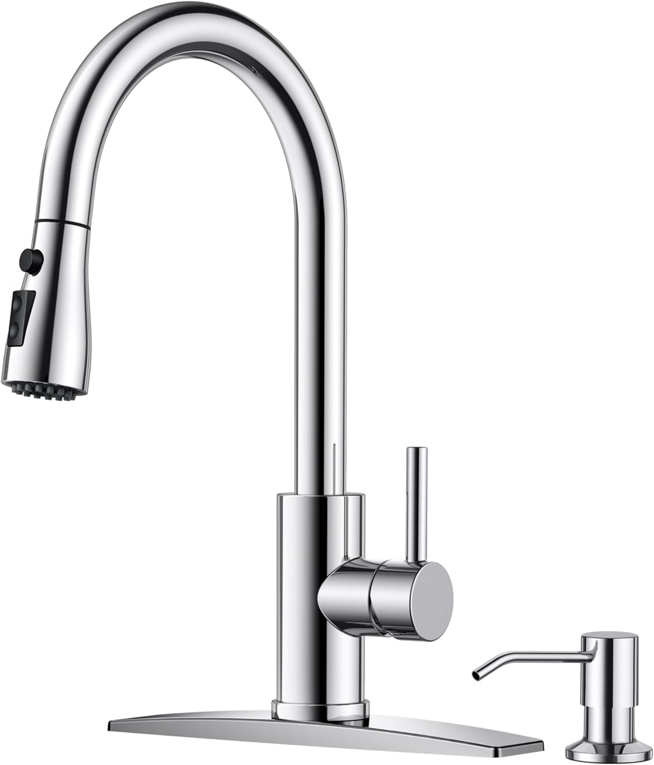 FORIOUS Black Kitchen Faucet with Soap Dispenser and Pull Down Sprayer, Bar High Arc Single Handle Classic 3 Modes Stainless Steel Faucet for Kitchen Sink Farmhouse RV Laundry Camper