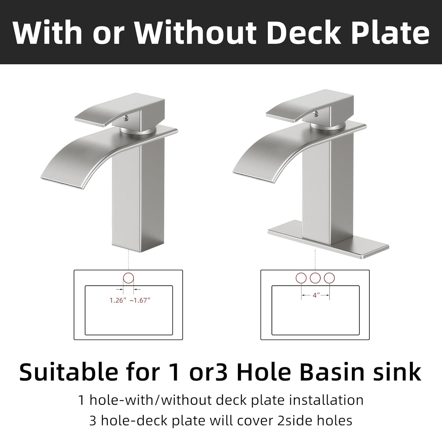 Ryuwanku Bathroom Faucet Brushed Nickel Modern Waterfall Bathroom Sink Faucet with Single Handle Suitable for 1 or 3 Holes,Supply Deck Plate and Hose