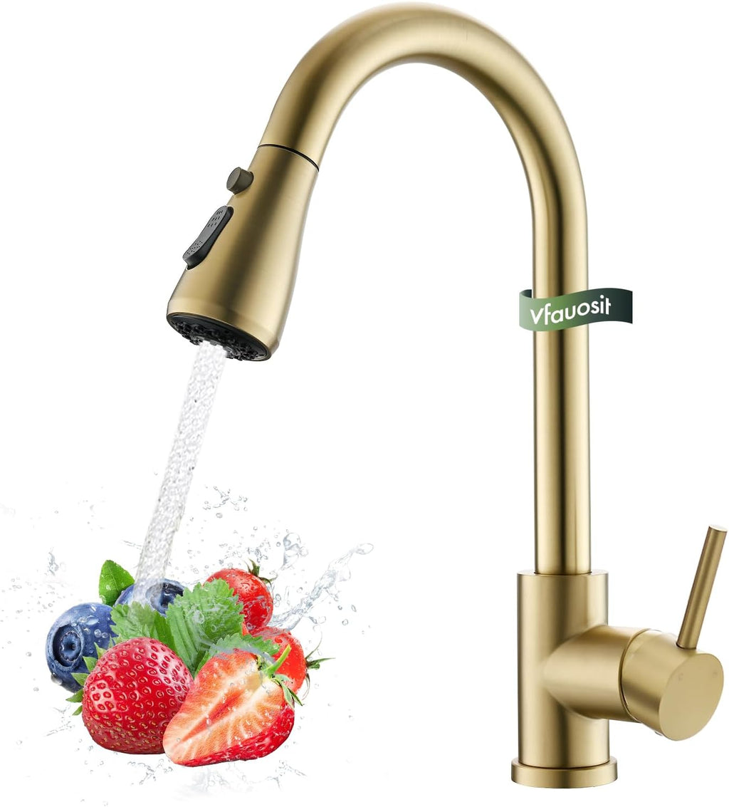 Kitchen Faucet with Pull Down Sprayer, VFAUOSIT Lead-Free Kitchen Sink Faucet Brushed Nickel Stainless Steel Modern High Arc Pull Out Single Hole Kitchen Faucets for Bar RV Bathroom Sink Faucets