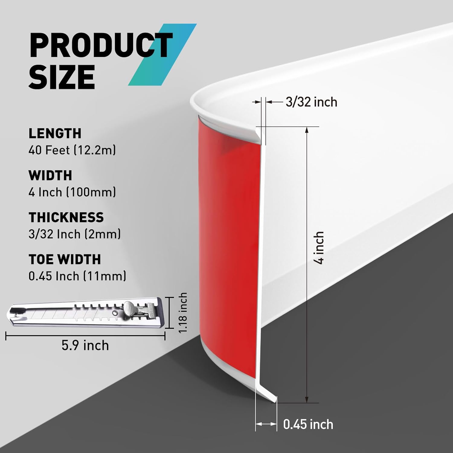 FCSOTSPS Baseboard Trim, 4 Inch(W) x 40 Feet(L) Flexible Baseboard Molding Trim,Self Adhesive Vinyl Baseboard Cove Base,Peel and Stick Wall Base Boards with 1 PCS Utility Knife,White