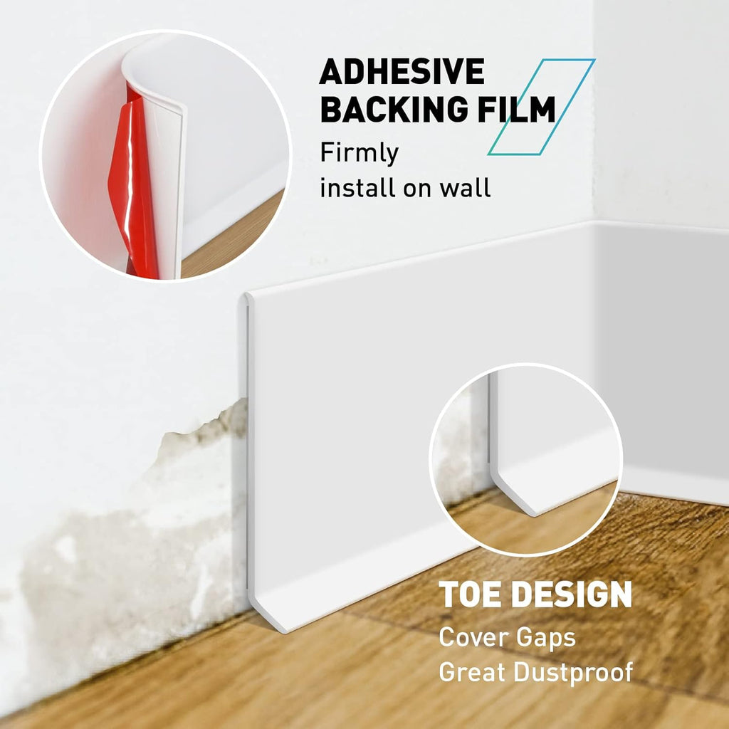 FCSOTSPS Baseboard Trim, 4 Inch(W) x 40 Feet(L) Flexible Baseboard Molding Trim,Self Adhesive Vinyl Baseboard Cove Base,Peel and Stick Wall Base Boards with 1 PCS Utility Knife,White