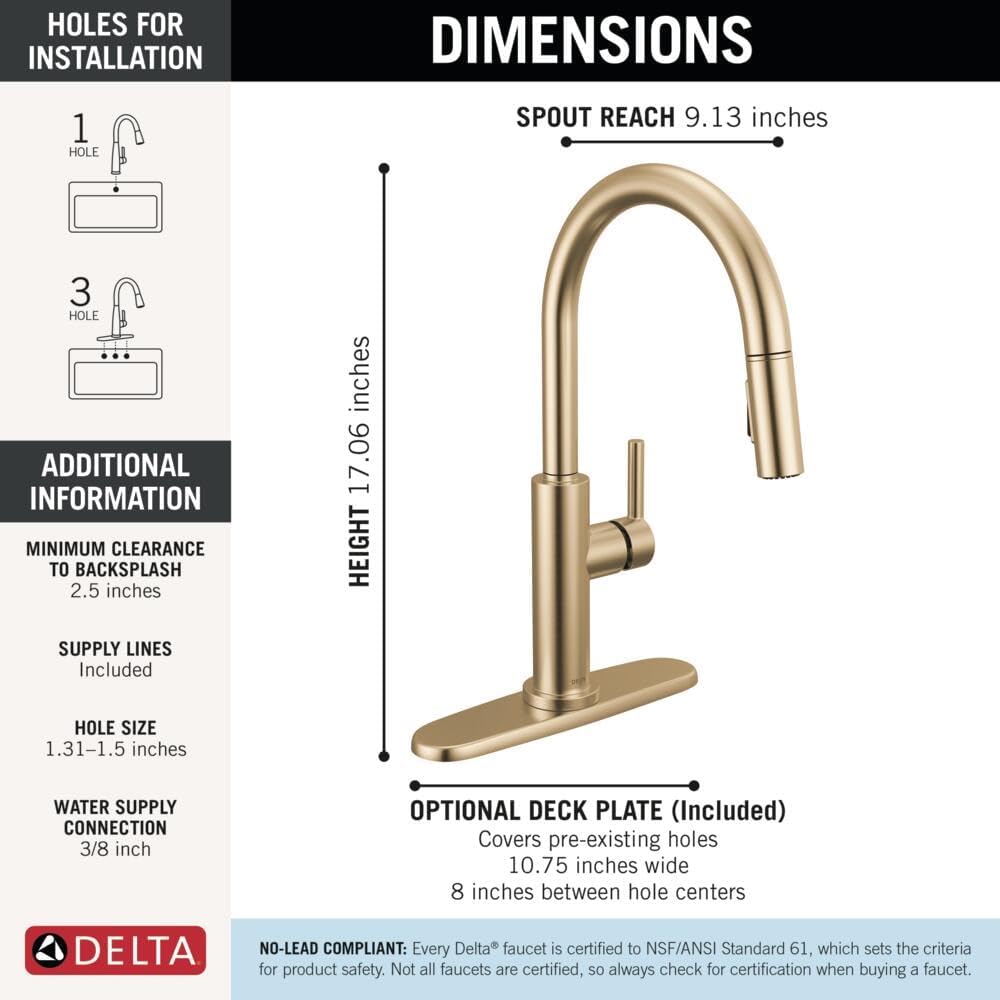 Delta Nicoli Brushed Gold Kitchen Faucet with Pull Down Sprayer, Modern Single Hole Kitchen Sink Faucet, Single Handle, Champagne Bronze 19867LF-CZ