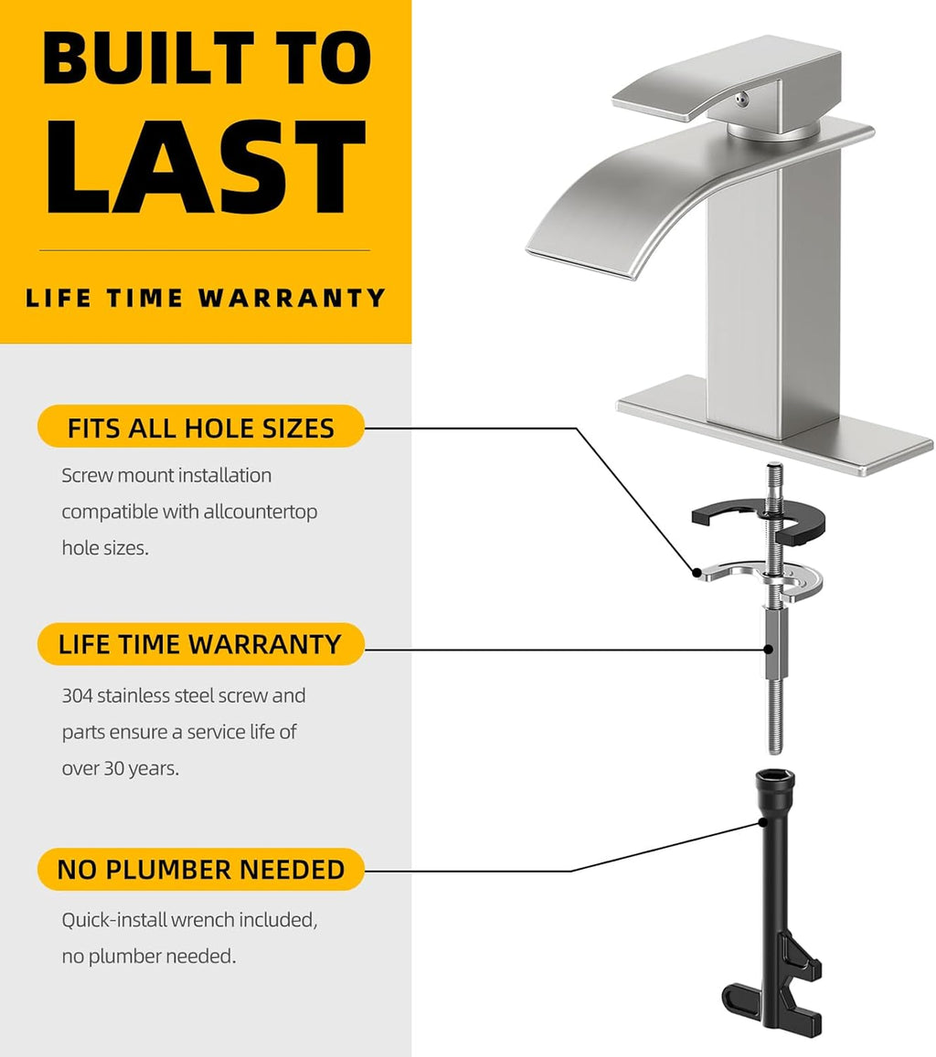 Ryuwanku Bathroom Faucet Brushed Nickel Modern Waterfall Bathroom Sink Faucet with Single Handle Suitable for 1 or 3 Holes,Supply Deck Plate and Hose