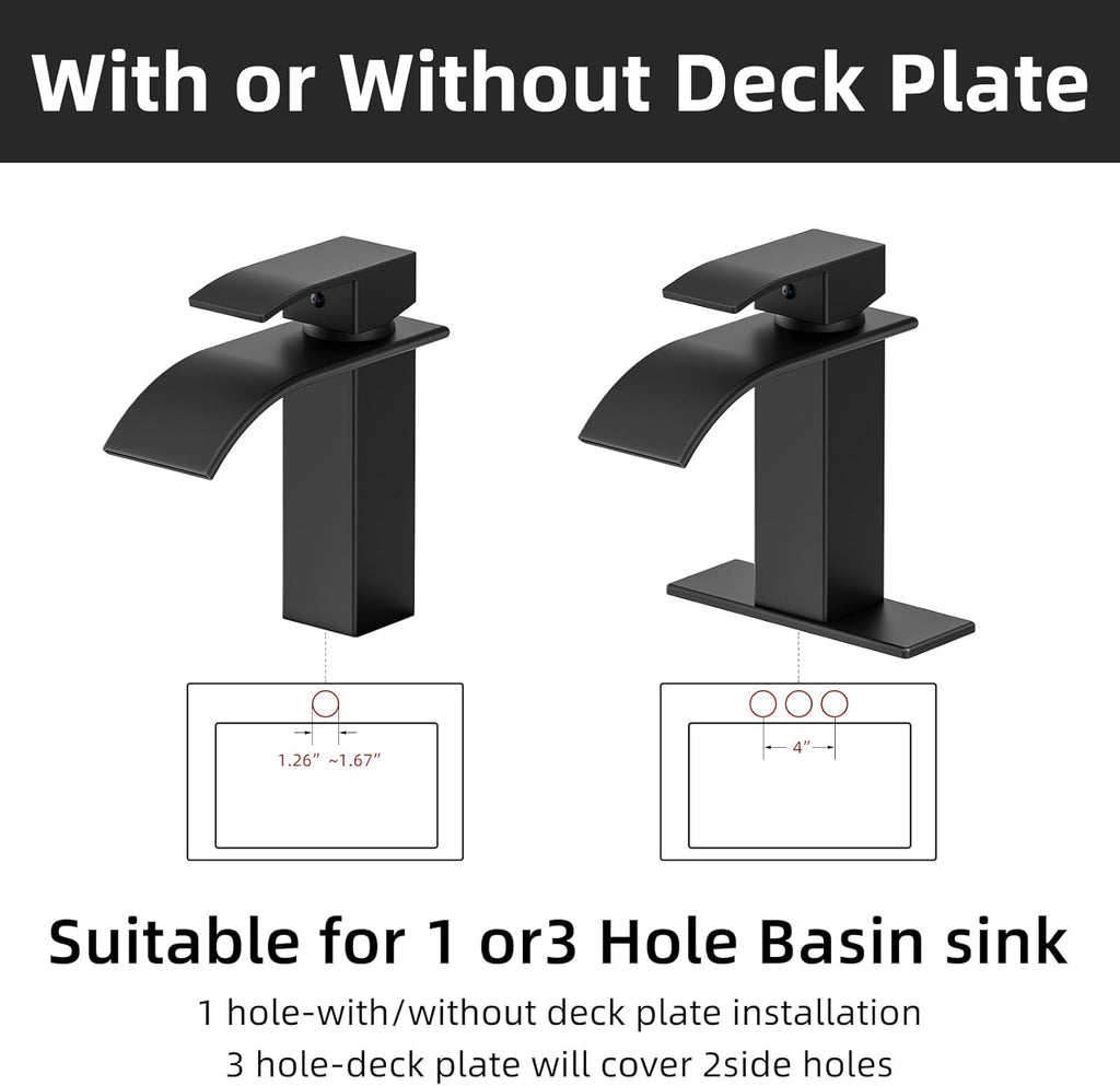 Ryuwanku Bathroom Faucet Matte Black Modern Waterfall Bathroom Sink Faucet with Single Handle Suitable for 1 or 3 Holes,Supply Deck Plate and Hose