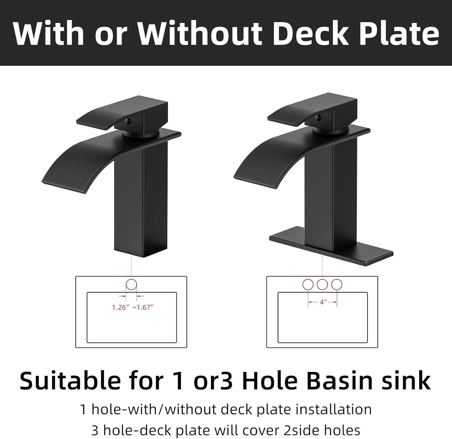 Ryuwanku Bathroom Faucet Matte Black Modern Waterfall Bathroom Sink Faucet with Single Handle Suitable for 1 or 3 Holes,Supply Deck Plate and Hose