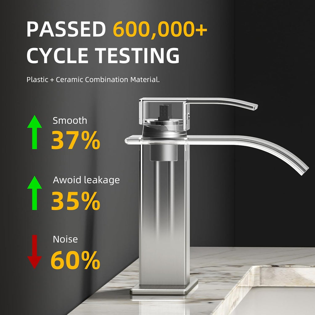 Ryuwanku Bathroom Faucet Brushed Nickel Modern Waterfall Bathroom Sink Faucet with Single Handle Suitable for 1 or 3 Holes,Supply Deck Plate and Hose