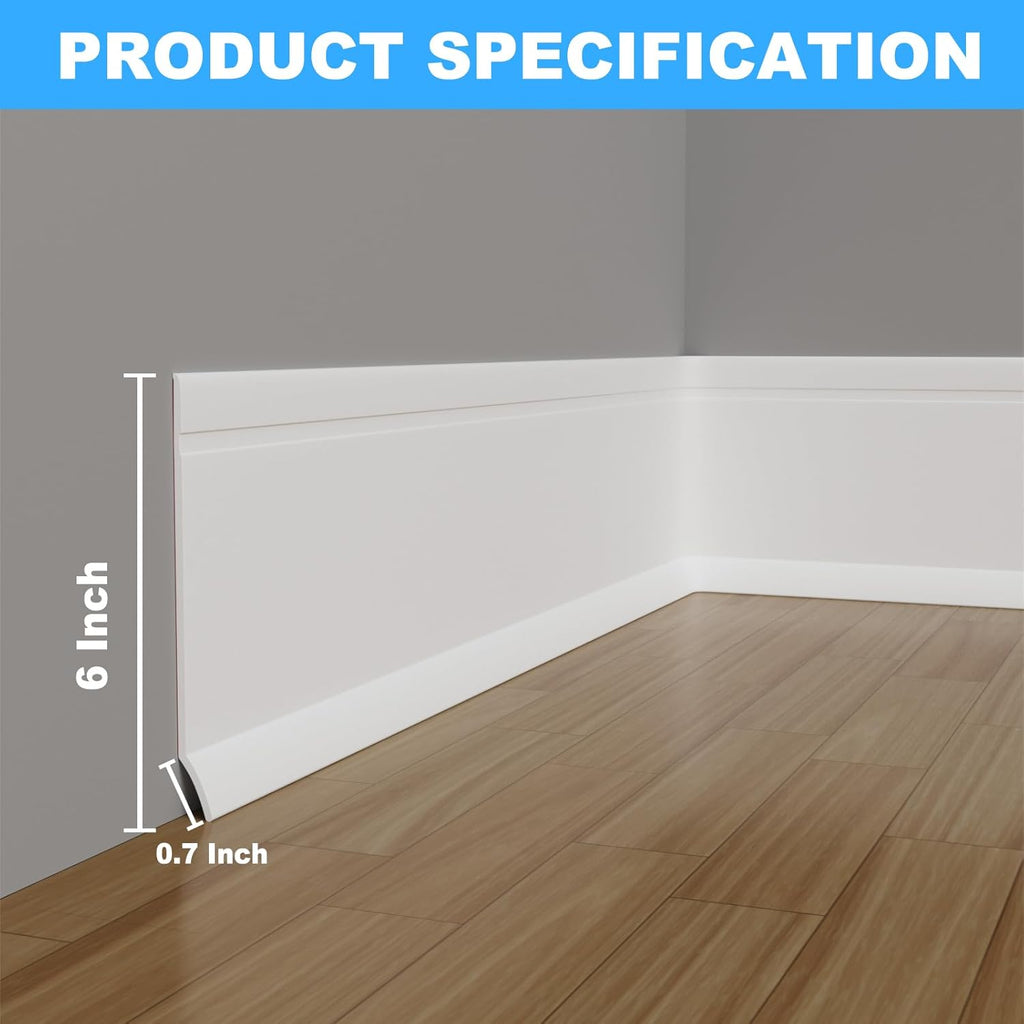 Duzzy Flexible Baseboard Trim, 6 Inch(H) x 20 Feet(L) Peel and Stick Vinyl Baseboard Molding Trim, Self-Adhesive Wall Base Cove Base