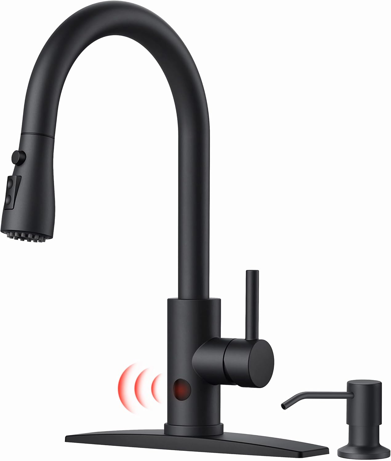 FORIOUS Black Kitchen Faucet with Soap Dispenser and Pull Down Sprayer, Bar High Arc Single Handle Classic 3 Modes Stainless Steel Faucet for Kitchen Sink Farmhouse RV Laundry Camper