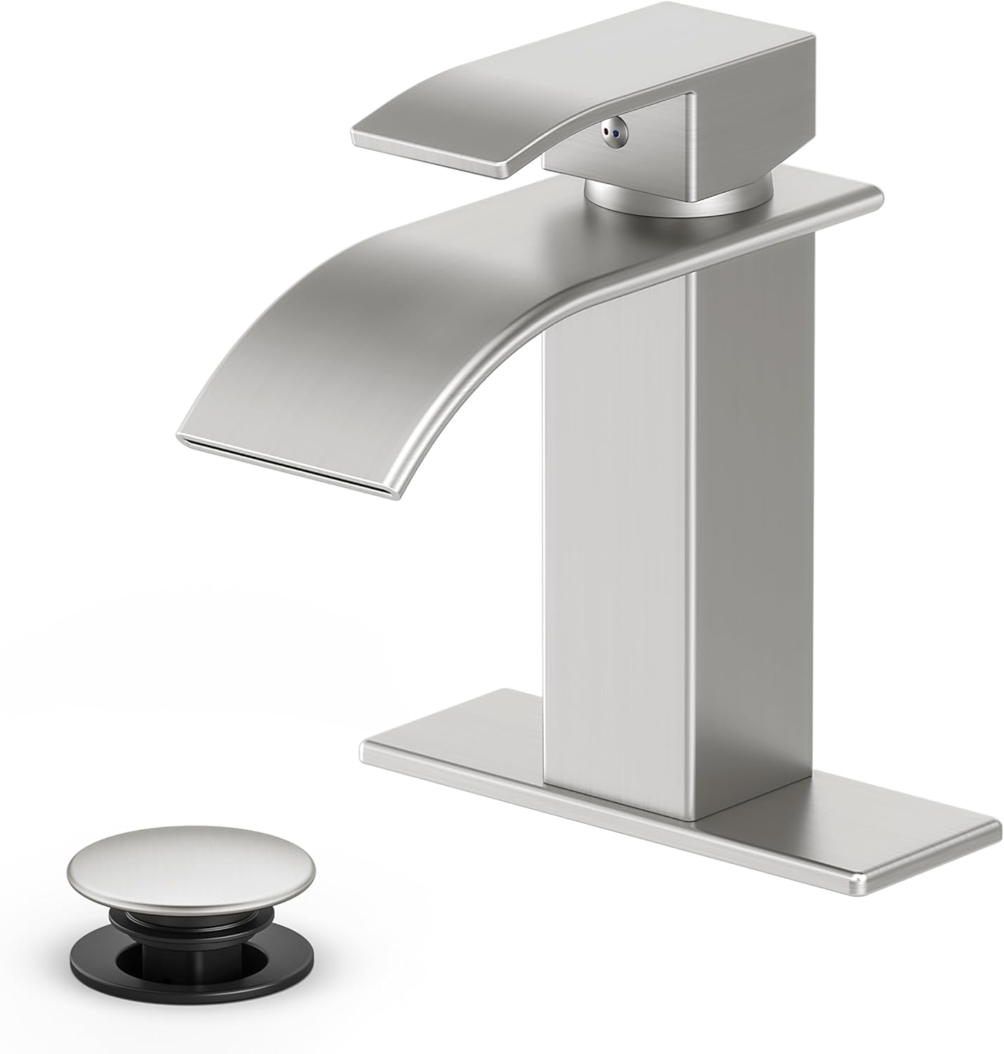 Ryuwanku Bathroom Faucet Brushed Nickel Modern Waterfall Bathroom Sink Faucet with Single Handle Suitable for 1 or 3 Holes,Supply Deck Plate and Hose