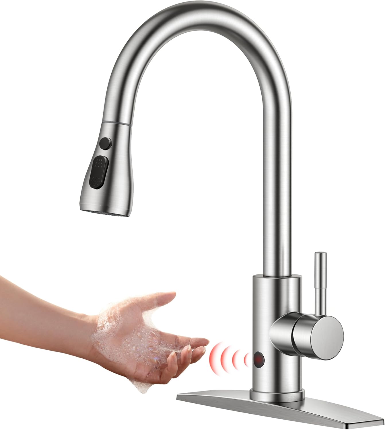 FORIOUS Kitchen Faucets with Pull Down Sprayer, Brushed Nickel, High Arc Single Handle Classic Stainless Steel Sink Faucet 1 or 3 Hole, Suitable for Farmhouse Camper Laundry Rv Bar