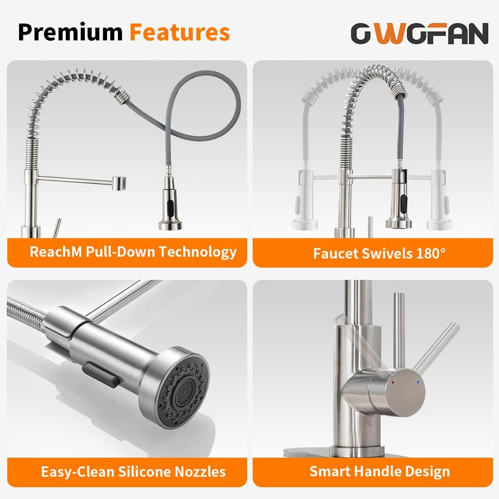 OWOFAN Kitchen Faucet with Pull Down Sprayer Brushed Nickel Stainless Steel 1 Handle Pull Out Spring Sink Faucets 1 Hole Or 3 Hole Dual Function for Farmhouse Camper Laundry Utility Rv Wet Bar