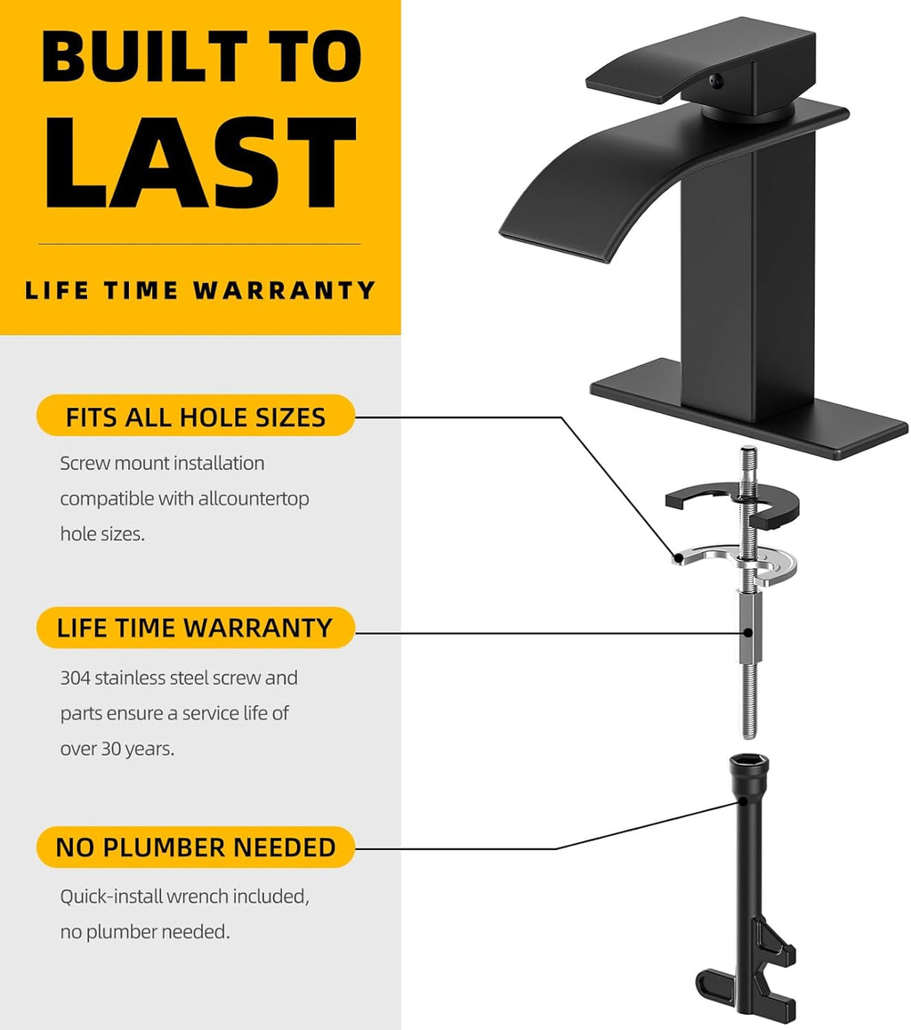 Ryuwanku Bathroom Faucet Matte Black Modern Waterfall Bathroom Sink Faucet with Single Handle Suitable for 1 or 3 Holes,Supply Deck Plate and Hose