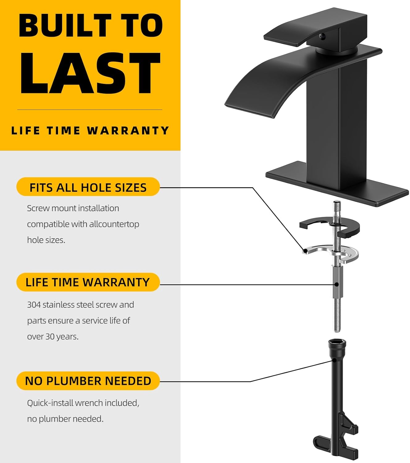 Ryuwanku Bathroom Faucet Matte Black Modern Waterfall Bathroom Sink Faucet with Single Handle Suitable for 1 or 3 Holes,Supply Deck Plate and Hose