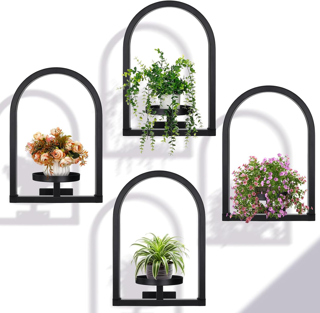 CroBlissful 4 Pcs Wall Plant Holder Wall Planters for Indoor Plants Metal Window Planters Shelves Picture Frame for Indoor Outdoor Living Room Balcony Garden(Rectangle Style)