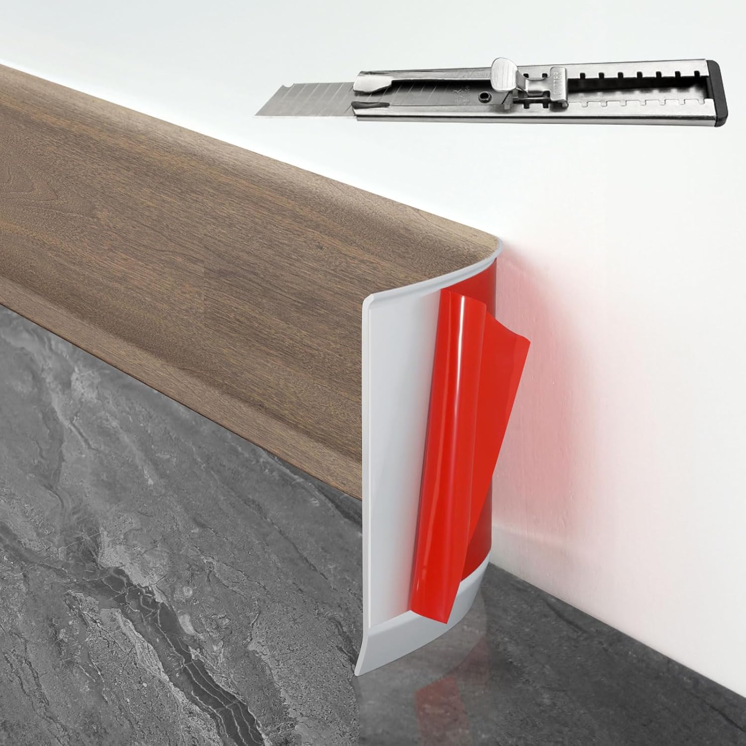 FCSOTSPS Baseboard Trim, 4 Inch(W) x 40 Feet(L) Flexible Baseboard Molding Trim,Self Adhesive Vinyl Baseboard Cove Base,Peel and Stick Wall Base Boards with 1 PCS Utility Knife,White