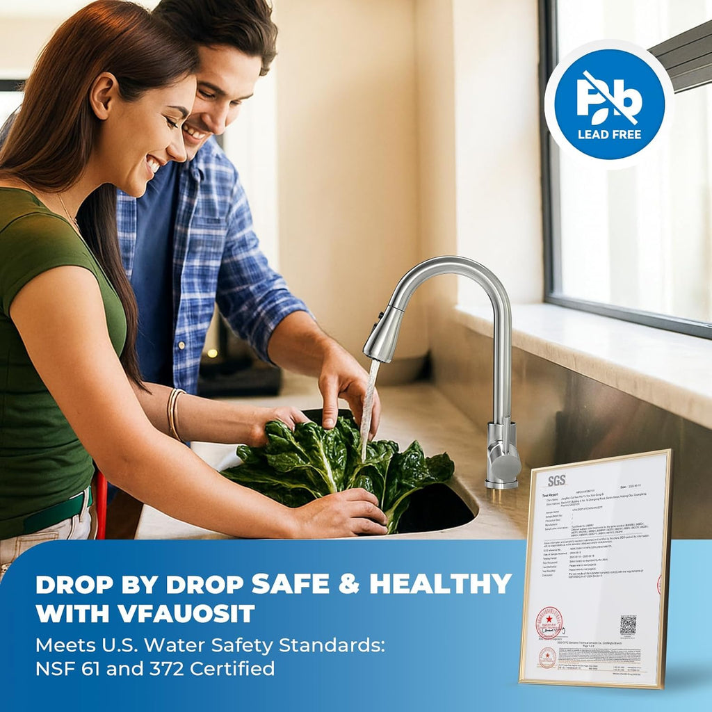 Kitchen Faucet with Pull Down Sprayer, VFAUOSIT Lead-Free Kitchen Sink Faucet Brushed Nickel Stainless Steel Modern High Arc Pull Out Single Hole Kitchen Faucets for Bar RV Bathroom Sink Faucets