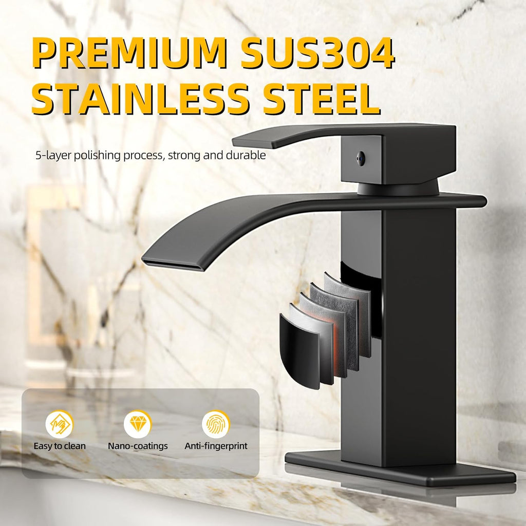 Ryuwanku Bathroom Faucet Matte Black Modern Waterfall Bathroom Sink Faucet with Single Handle Suitable for 1 or 3 Holes,Supply Deck Plate and Hose