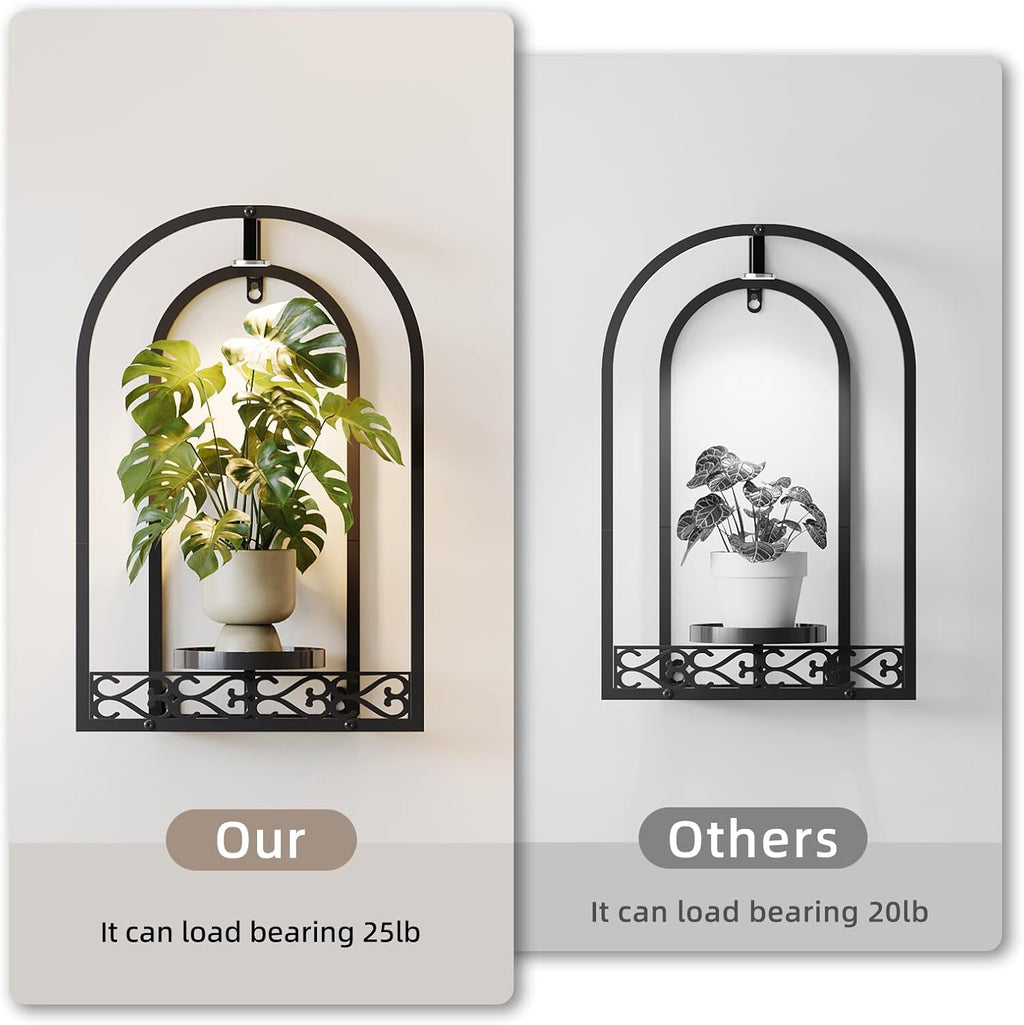 Rioneta Wall Planter Holder with Light, Metal Arch Frame Hanging Plant Stand with Grow Lights, Modern Black Iron Wall Decor for Indoor Outdoor Living Room, Balcony & Garden 2 Pack Black