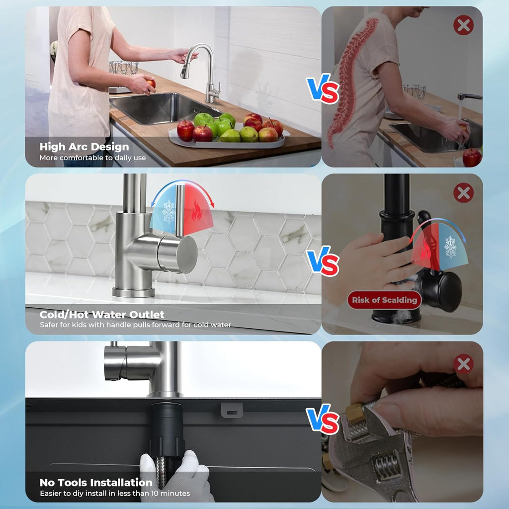 Kitchen Faucet with Pull Down Sprayer, VFAUOSIT Lead-Free Kitchen Sink Faucet Brushed Nickel Stainless Steel Modern High Arc Pull Out Single Hole Kitchen Faucets for Bar RV Bathroom Sink Faucets