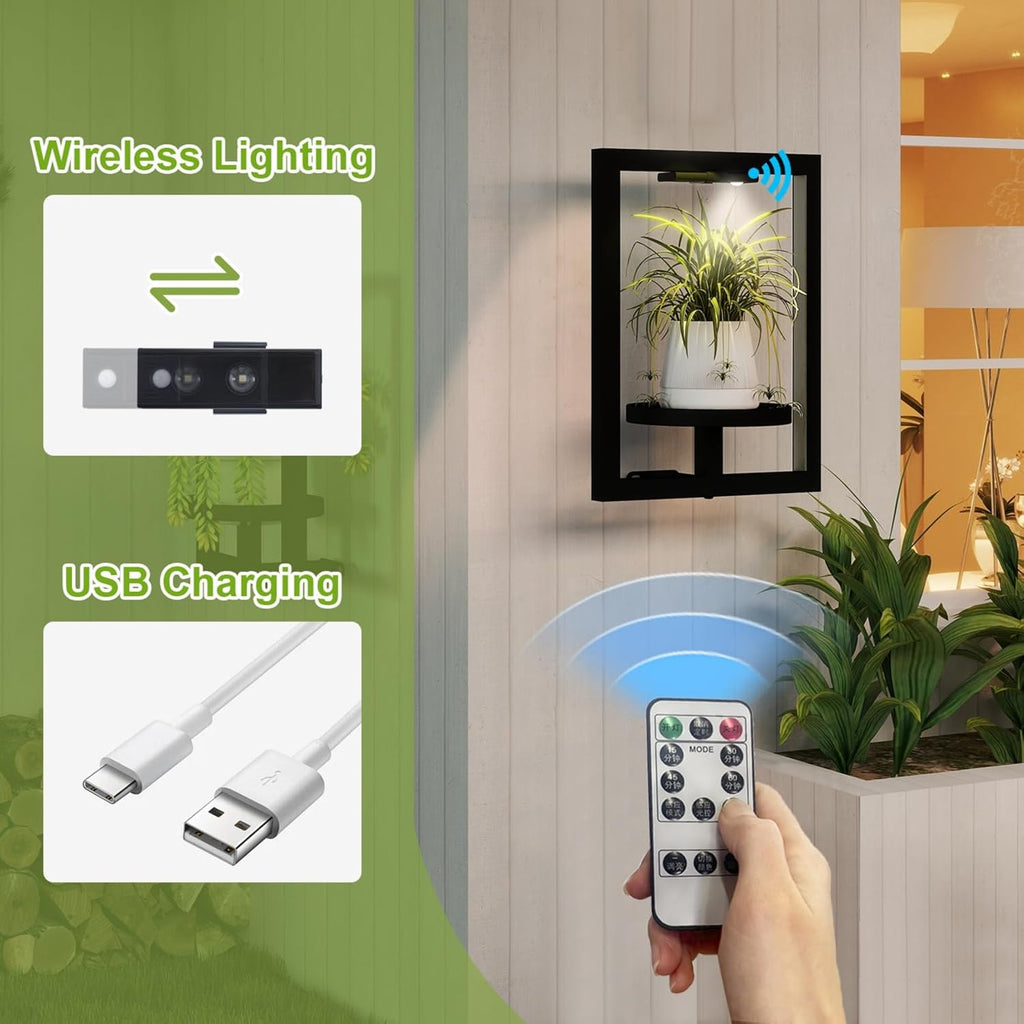 BAOYOUNI 2 Pack Picture Frame Wall Plant Holder with Light,Metal Window Plant Shelf，Modern Floating Plant Stand for Indoor Outdoor Patio Balcony Garden Living Room Bedroom