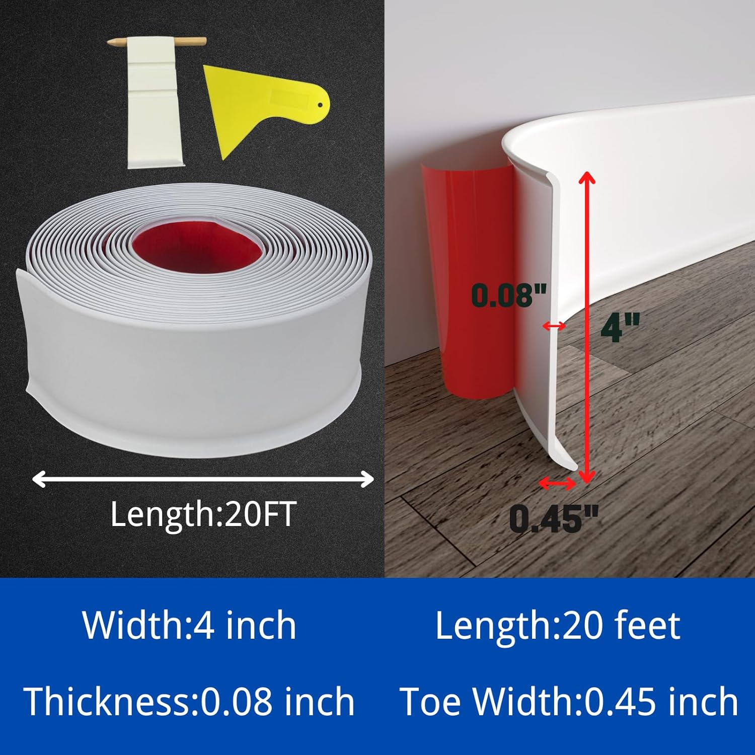 COUKIU Flexible Baseboard Molding Trim, 4 Inch x 20 Feet Self-Adhesive Vinyl Wall Base Cove Base, Peel and Stick Rubber Wall Base Moulding Trim(S100, White)