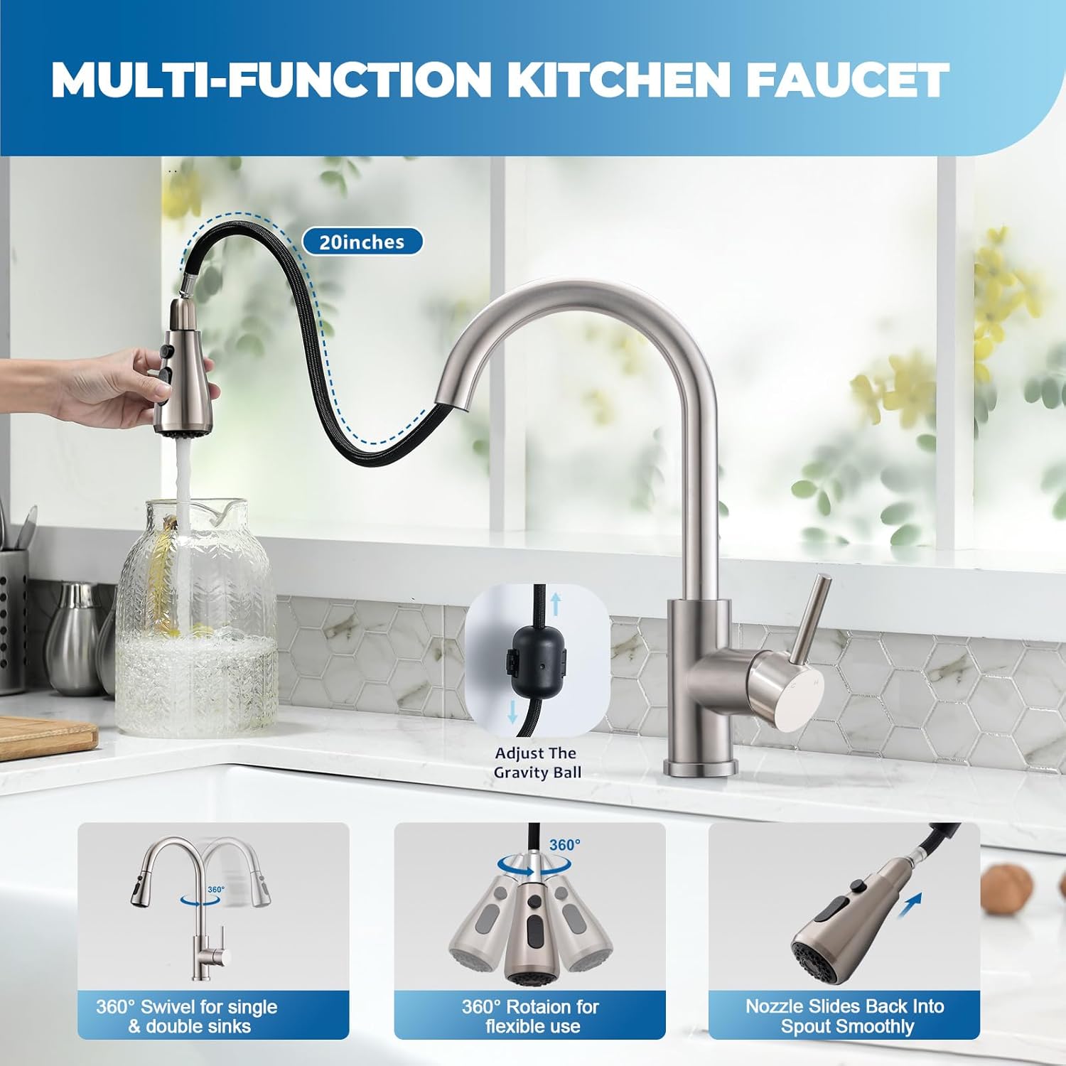 Kitchen Faucet with Pull Down Sprayer, VFAUOSIT Lead-Free Kitchen Sink Faucet Brushed Nickel Stainless Steel Modern High Arc Pull Out Single Hole Kitchen Faucets for Bar RV Bathroom Sink Faucets
