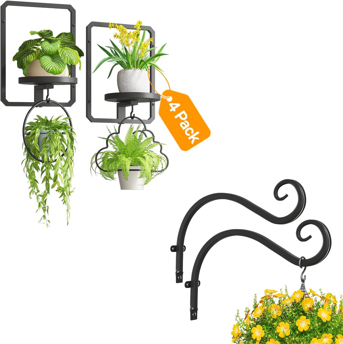 iDavosic.ly Wall Plant Holder Set of 4, Indoor Floating Display Stand, 11.8 Inch Heavy Duty Hooks Outdoor Metal Picture Frame, Garden Porch Patio Decor, Space Saving (Pots/Chains/Plants Not Included)