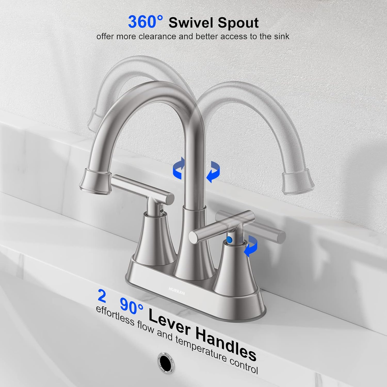 Bathroom Faucets for Sink 3 Hole, Hurran 4 inch Brushed Nickel Bathroom Sink Faucet with Pop-up Drain and Supply Lines, Stainless Steel Centerset Faucets for Sink Vanity RV