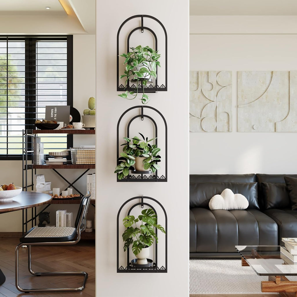 Rioneta Wall Planter Holder with Light, Metal Arch Frame Hanging Plant Stand with Grow Lights, Modern Black Iron Wall Decor for Indoor Outdoor Living Room, Balcony & Garden 2 Pack Black