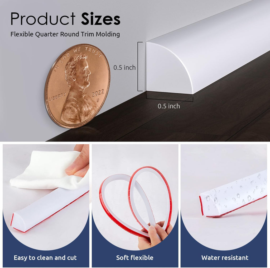 Flexible Quarter Round Molding, 158 Inch Peel and Stick Rubber Quarter Round Trim Molding with Self Adhesive, Waterproof Bendable Molding Trim for Wall Edge Corner,Staircase Cabinet Edge,White
