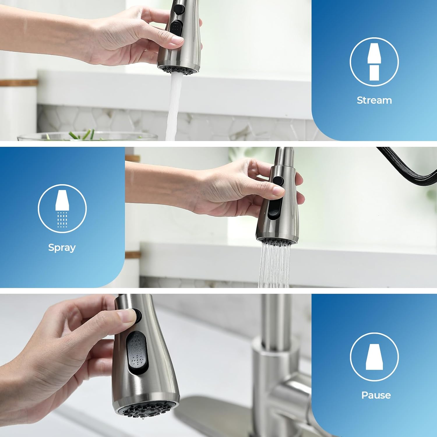 Kitchen Faucet with Pull Down Sprayer, VFAUOSIT Lead-Free Kitchen Sink Faucet Brushed Nickel Stainless Steel Modern High Arc Pull Out Single Hole Kitchen Faucets for Bar RV Bathroom Sink Faucets