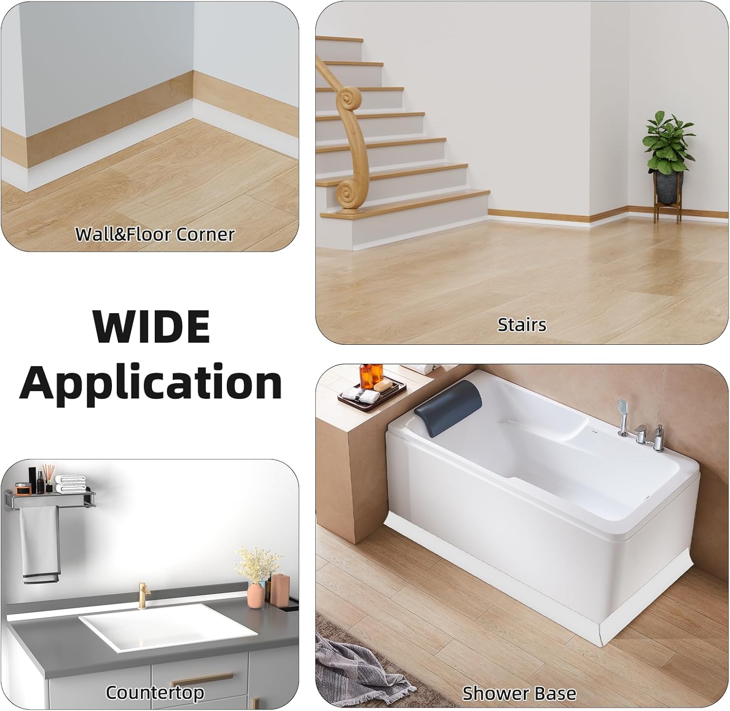 19.6' Flexible Quarter Round Molding, Peel and Stick Shoe Molding Baseboard,Selfadhesive Corner Trim for Wall Floor Edge, Bendable Rubber Trim for Stair,Countertop,Backsplash, Bathroom Bathtub (White)