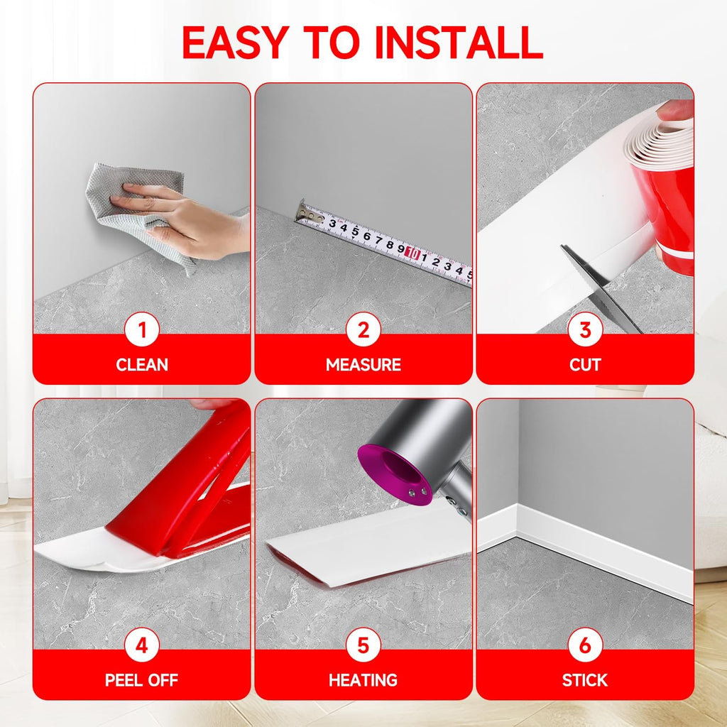 Flexible Baseboard Molding Trim 3 Inch(W) x 40 Feet(L) Self Adhesive Vinyl Wall Base Peel and Stick Cove Base,Rubber Wall Base. (White)