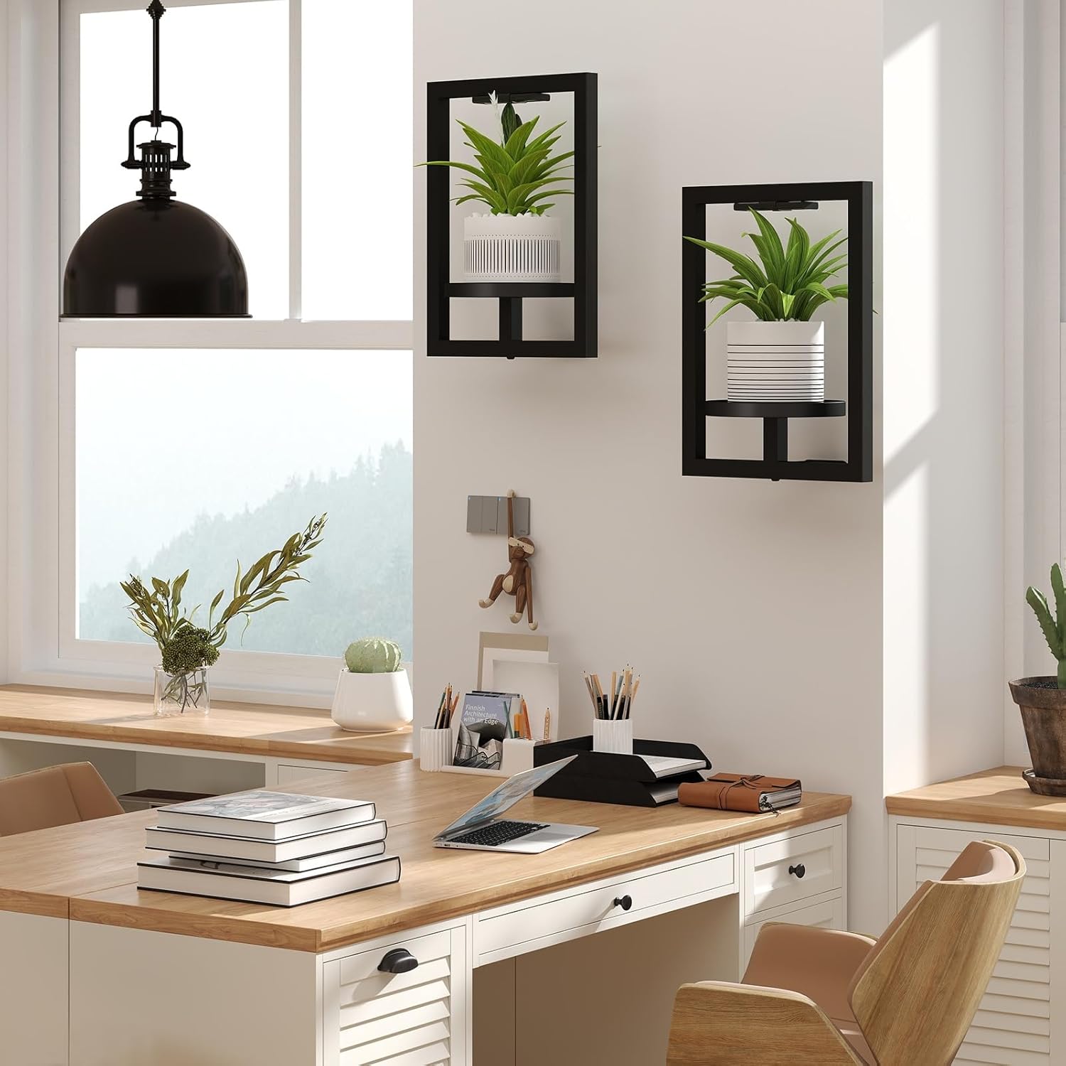 BAOYOUNI 2 Pack Picture Frame Wall Plant Holder with Light,Metal Window Plant Shelf，Modern Floating Plant Stand for Indoor Outdoor Patio Balcony Garden Living Room Bedroom