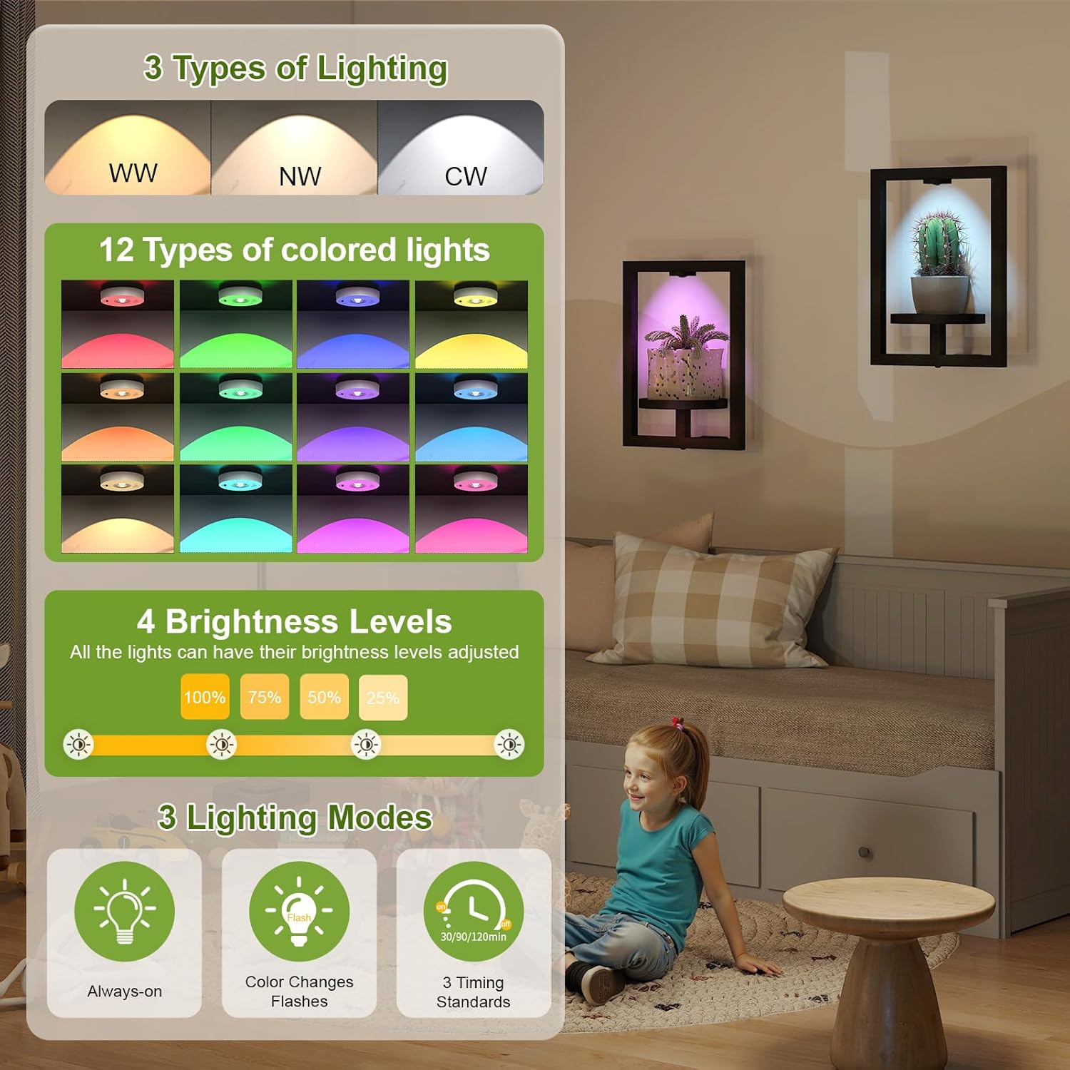 BAOYOUNI 2 Pack Picture Frame Wall Plant Holder with 15 Color Lighst,Metal Window Plant Shelf，Modern Floating Plant Stand for Indoor Outdoor Patio Balcony Garden Living Room Bedroom