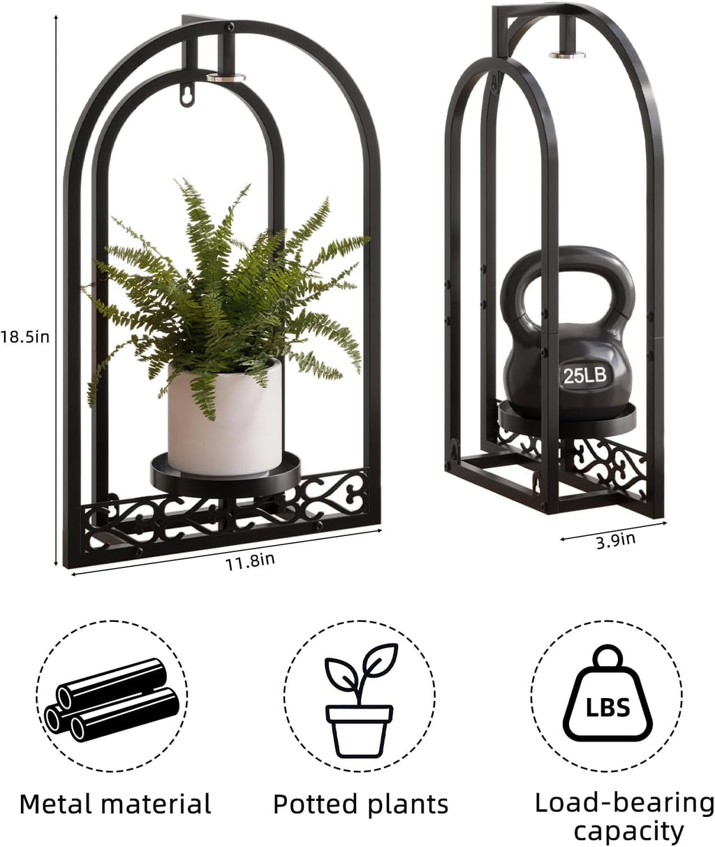 Rioneta Wall Planter Holder with Light, Metal Arch Frame Hanging Plant Stand with Grow Lights, Modern Black Iron Wall Decor for Indoor Outdoor Living Room, Balcony & Garden 2 Pack Black