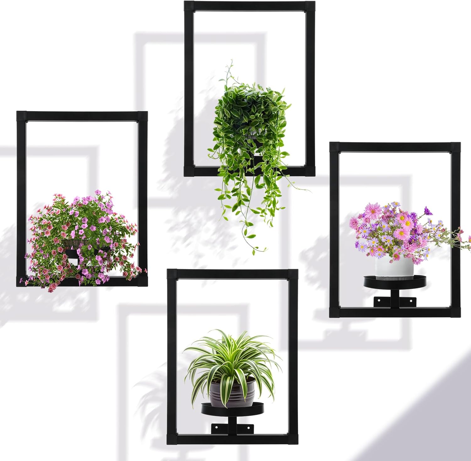 CroBlissful 4 Pcs Wall Plant Holder Wall Planters for Indoor Plants Metal Window Planters Shelves Picture Frame for Indoor Outdoor Living Room Balcony Garden(Rectangle Style)