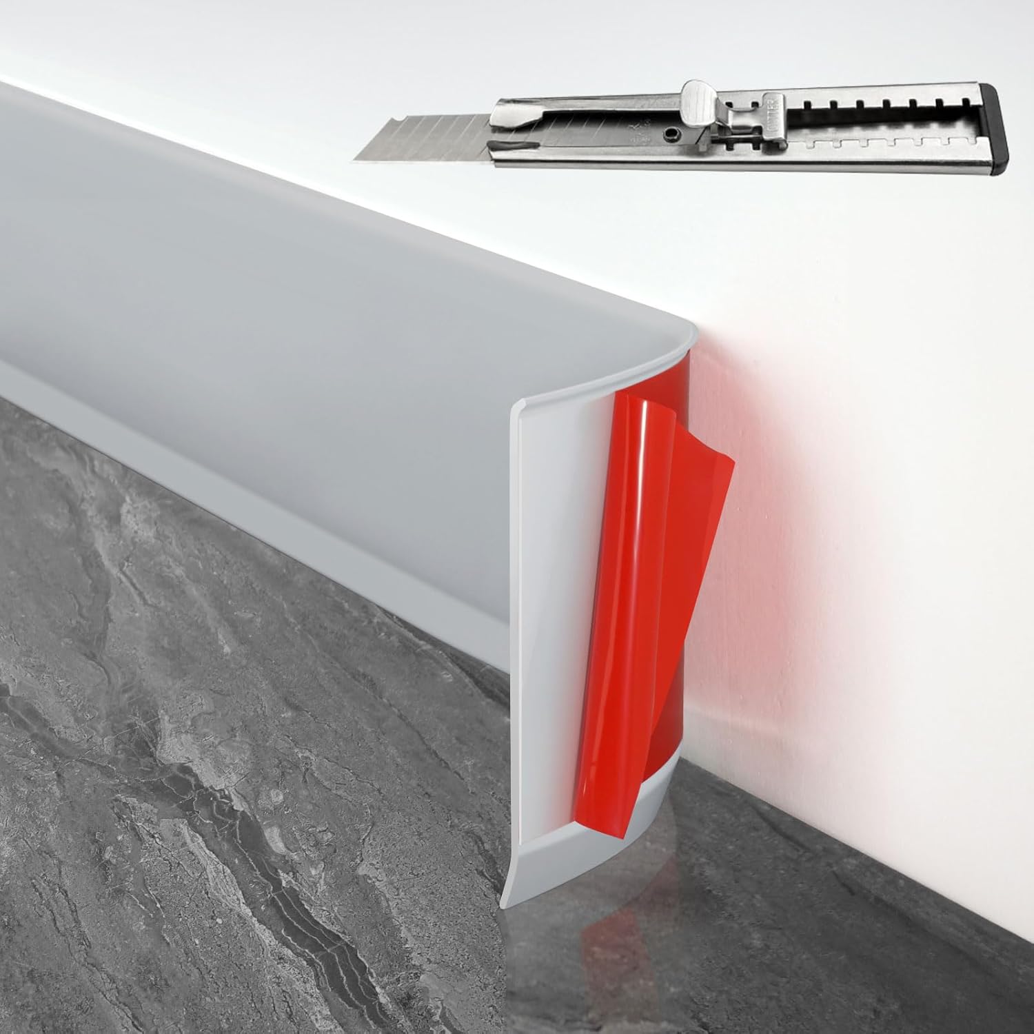 FCSOTSPS Baseboard Trim, 4 Inch(W) x 40 Feet(L) Flexible Baseboard Molding Trim,Self Adhesive Vinyl Baseboard Cove Base,Peel and Stick Wall Base Boards with 1 PCS Utility Knife,White