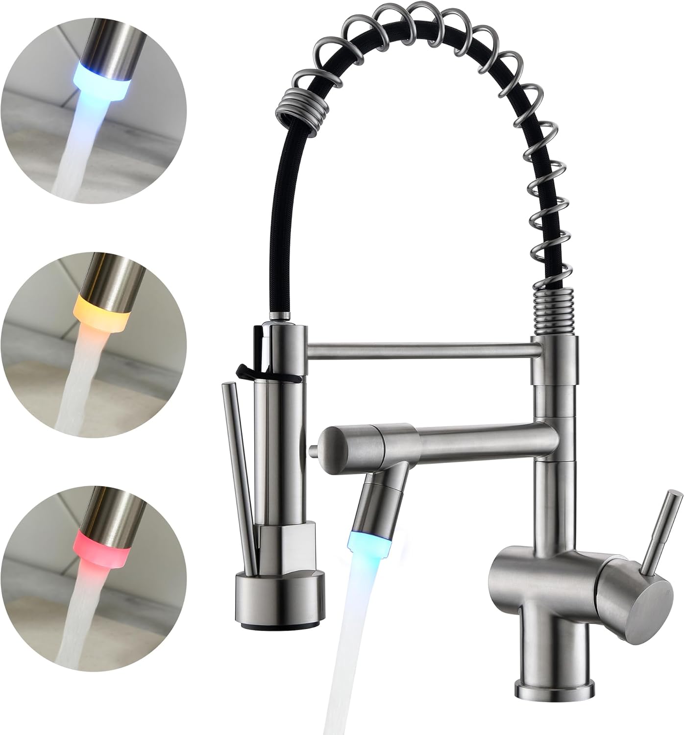 Kitchen Faucet with Pull Down Sprayer, VFAUOSIT Lead-Free Kitchen Sink Faucet Brushed Nickel Stainless Steel Modern High Arc Pull Out Single Hole Kitchen Faucets for Bar RV Bathroom Sink Faucets