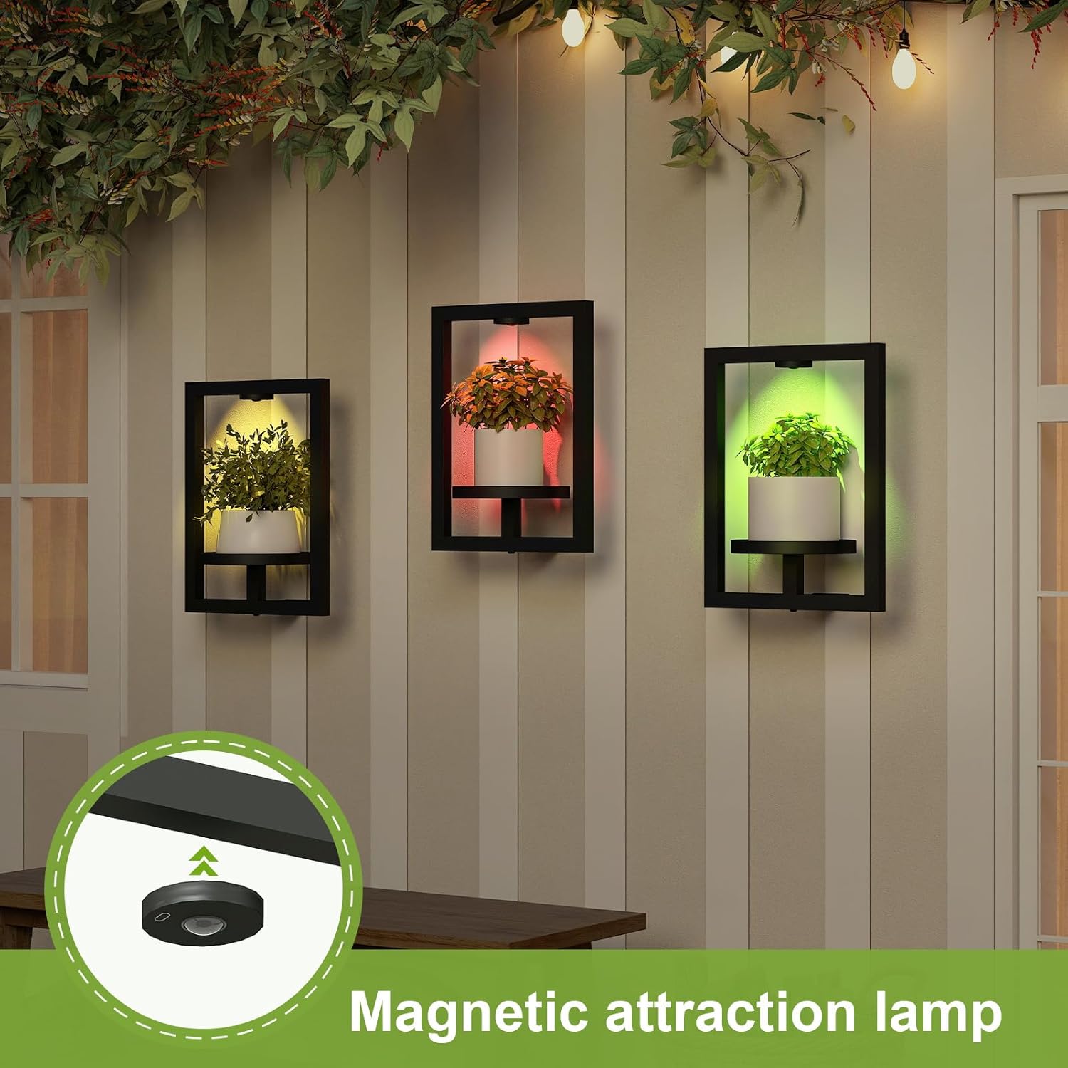 BAOYOUNI 2 Pack Picture Frame Wall Plant Holder with 15 Color Lighst,Metal Window Plant Shelf，Modern Floating Plant Stand for Indoor Outdoor Patio Balcony Garden Living Room Bedroom