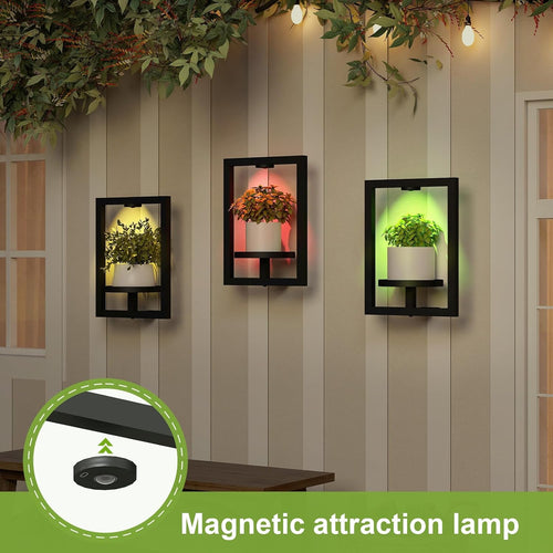 BAOYOUNI 2 Pack Picture Frame Wall Plant Holder with 15 Color Lighst,Metal Window Plant Shelf，Modern Floating Plant Stand for Indoor Outdoor Patio Balcony Garden Living Room Bedroom