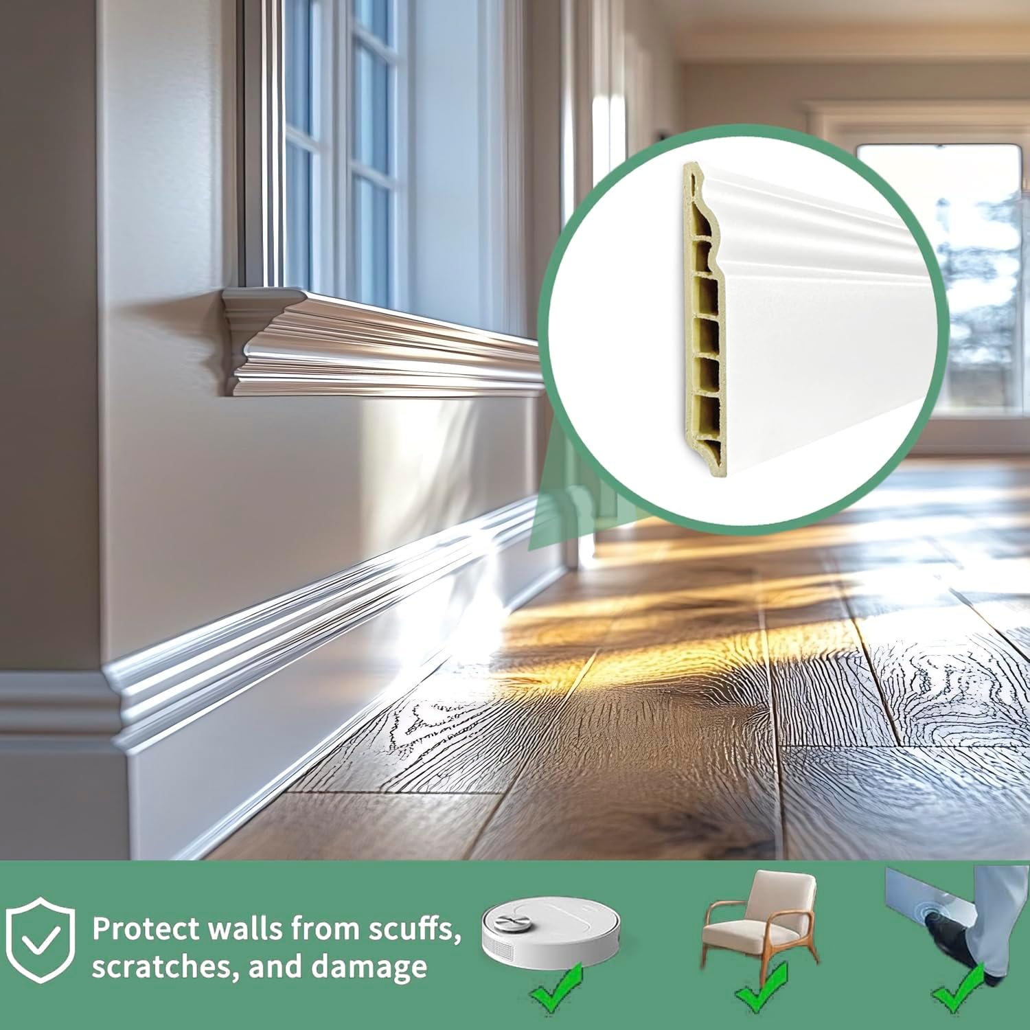 Wall Baseboard Molding Trim,8-Pack of 48 x 3.27 Inch,Peel and Stick High Impact Finish Molding Panel Skirting Board for Home Decor,32 Feet (White 2)