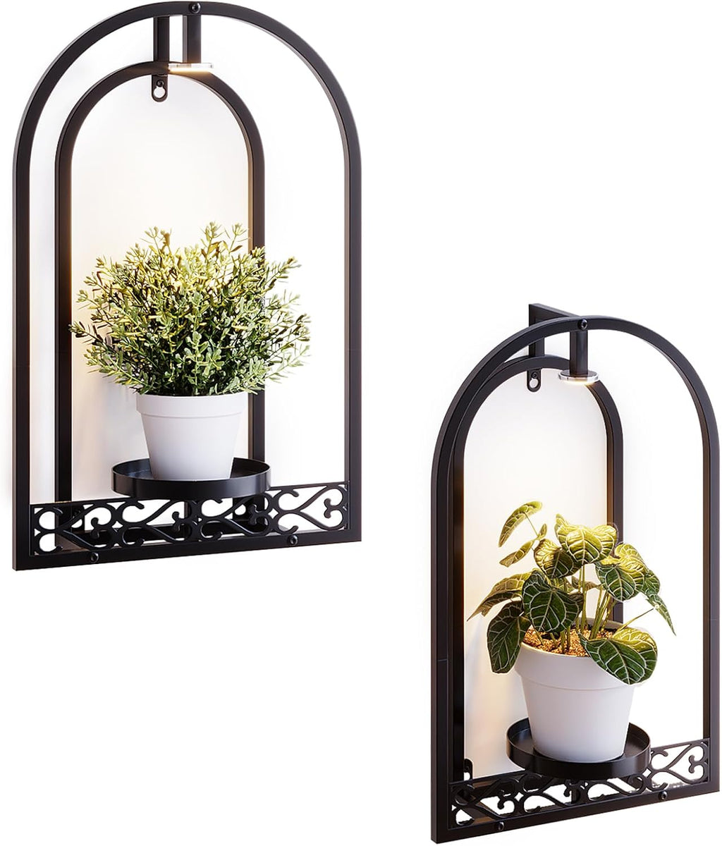 Rioneta Wall Planter Holder with Light, Metal Arch Frame Hanging Plant Stand with Grow Lights, Modern Black Iron Wall Decor for Indoor Outdoor Living Room, Balcony & Garden 2 Pack Black